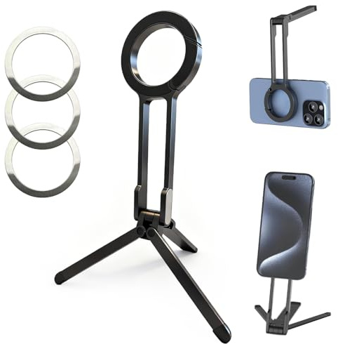 GONSIFACHA Magnetiskt Telefonstativ 3-i-1 Vikbar Aluminium Ministativ med Justerbar Selfiepinne Tripod för Videoinspelning, Vlogging och Resor, Kompatibel med iPhone 17 16 15 14 och andra smartphones