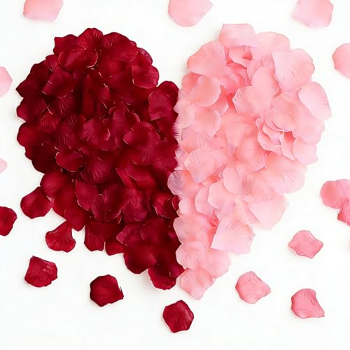 Richaa 6000 pétalos de rosa secos, pétalos de rosa artificiales, decoración romántica para bodas, aniversarios, día de San Valentín, cumpleaños, atmósfera romántica (rojo + rosa)