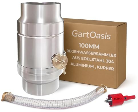 Regenwassersammler für Fallrohr 100 mm, Edelstahl 304 und Aluminium Regensammler mit 45cm Schlauch und Fassanschluss, Doppelwandigem Aufbau, DN100 Wassersammler für Regentonnen