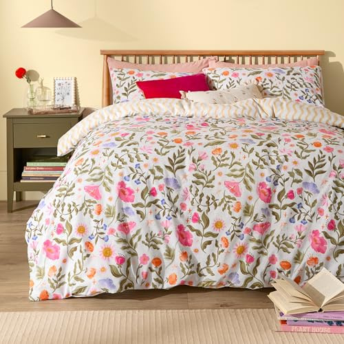 furn. Summer Solstice Duvet Cover Set (Multicolour - Single) | Reversible celestial floral and wiggle stripe design in a soft cotton blend