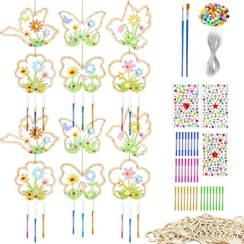 UJBVCX Kits Bricolage 12Pcs Carillon à Vent en Bois, Décoration Suspendue DIY, Bricolage avec Enfants pour Enfants Loisirs Créatifs Cadeau Anniversaire