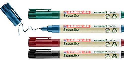 edding 25 Ecoline Permanentmarker Set - bunte Farben - 4 Stifte - Rund-Spitze 1 mm - schnell trocknender Permanent Marker - wasserfest, wischfest - Karton, Kunststoff, Holz, Metall - Universalmarker