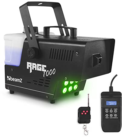 BeamZ Rage 1000LED Máquina de humo de 1000W, depósito de 2 L, control remoto inalámbrico y con cable de 3m, caudal de 125 m³/min de humo, tiempo de calentamiento de 4 minutos, 6 leds RGB de 9W