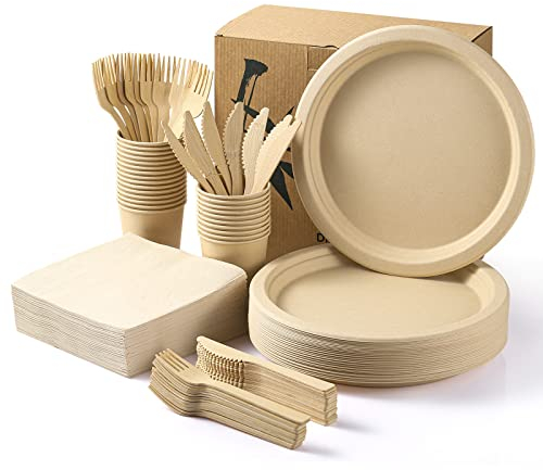 MORGIANA 200 Piezas Vajilla Desechable Para 25 Personas,Bambú Platos Desechable Biodegradable Viene con Cuchillo, Tenedor, Taza, Servilletas,Para Cumpleaños Fiesta Camping (Marrón)