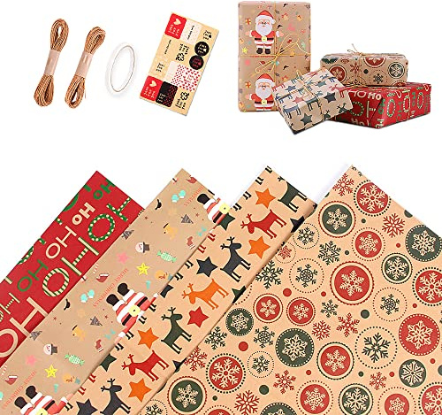 Christmas Wrapping Paper, Recyclable Gift Wrapping Paper 4 Vintage Designs 70x50CM Kraft Paper Folded Sheets for Xmas Party Gifts, Birthday, Graduation, Present Decorations