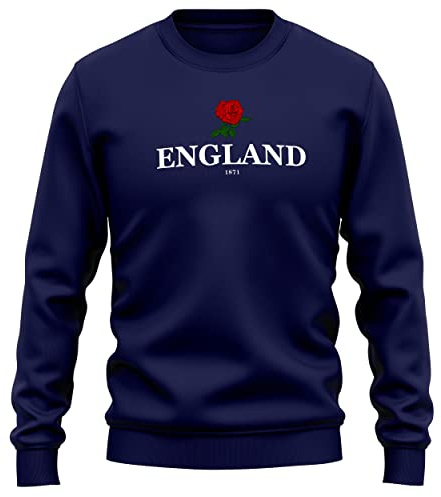 Purple Print House England 1871 Mens Sweatshirt Rugby Supporters English Red Rose Badge Jumper Nations Sweater, L, Navy