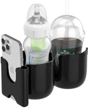 MC MICUS - Getränkehalter Kinderwagen 3 in 1 mit Handyhalter – Universeller Becherhalter für Kinderwagen, Buggy, Bollerwagen, Flaschenhalter, Kaffeehalter und mehr Schwarz (3-in-1 doppelbecherhalter)
