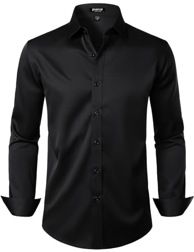 JEMITOP Men's Stretch Wrinkle Free Dress Shirts Formal Wedding Prom Long Sleeve Button Down Shirt Black S