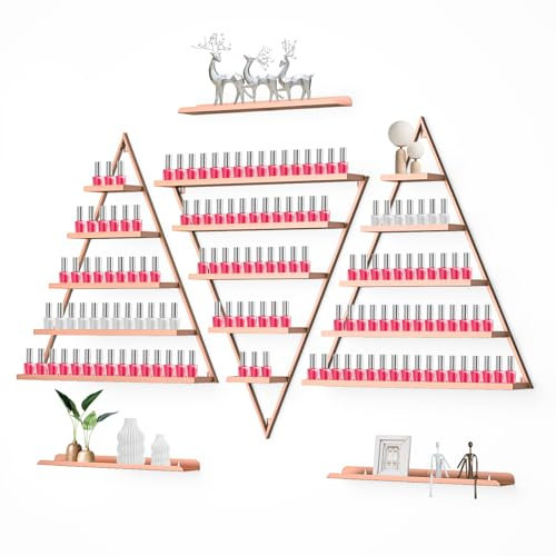 Kalolary Scaffali Porta Smalti per Unghie Montati Parete Metallo, 5 livelli Espositore Triangolare in oro rosa Espositori cosmetici Rossetto Profumo Mensola Muro Essenziali Casa Spa Salone Negozio