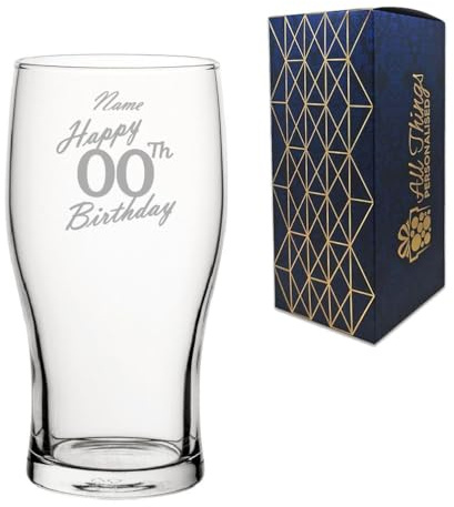 Personligt graverat pintglas, grattis på födelsedagen handskriven design, klassiskt tulpanglas, 570 ml eller 20 oz kapacitet, anpassa med valfritt nummer och namn, presentförpackning