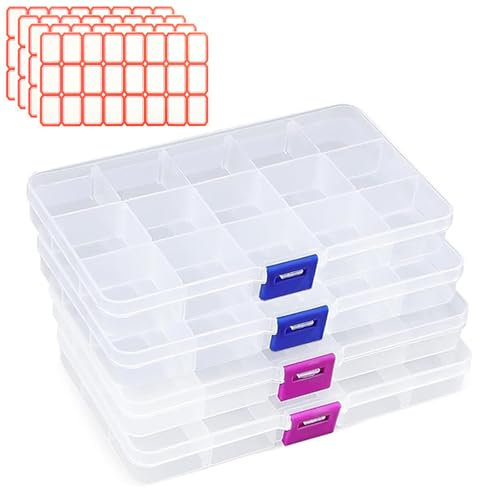 KYYGKY 4 PCS Boîte de Rangement à Compartiments, Boite Rangement Perles avec 15 Compartiments Boîte à Bijoux en Plastique Transparent Boîtes de Tri avec 24 Étiquettes pour Vis, Boucles, Petites Pièces