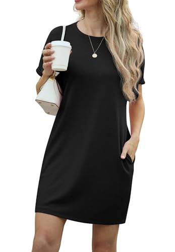 GRECERELLE Womens Summer Mini Dress Cap Sleeve Crew Neck T Shirt Short Casual Beach A Line Dresses with Pockets (Black, M)