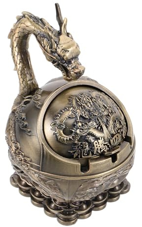 Vintage Dragon Decorative Metal Ashtray with Lid, Wind Proof Table | Portable Coffee Finish, Hand Carved Antique Style, Indoor Outdoor Home Decoration, Gift Choice for Men