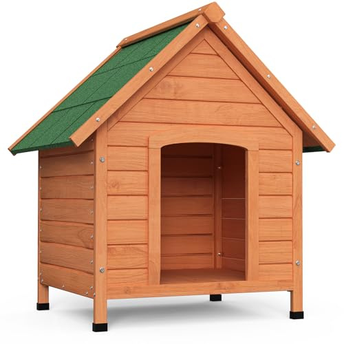 VOUNOT® Caseta para Perros Exterior con Techo Asfáltico y Pies Antideslizantes Casa para Perros Mascotas Perrera de Madera Impermeable Base Extraíble Refugio Canino Perruno 72x65x83 cm, Natural