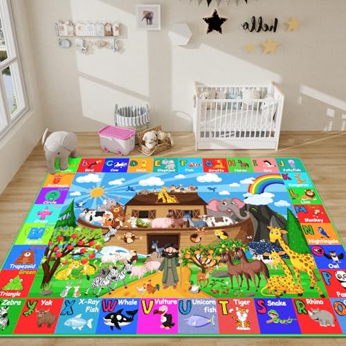 DINSUMRUG ABC Kids Rug for Playroom 150×100 CM Noah's Ark Animals Rug Baby Play Mat Alphabet Mat Shape Color Classroom Carpet Kids Playroom Early Learning Carpet for Preschool Toddlers Tummy Time