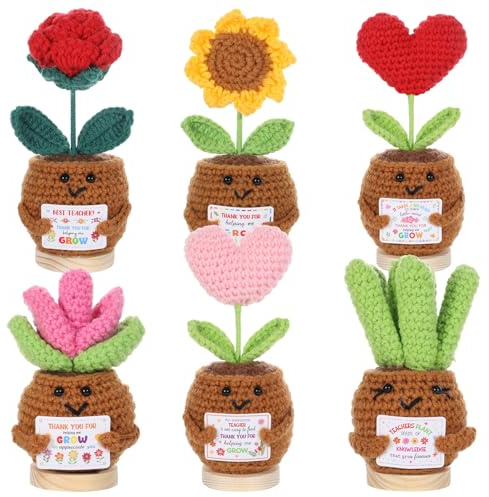 6pcs Teacher Appreciation Gifts Emotional Support Crochet Sunflower Rose Plants Thank You for Helping Me Grow for Teachers Christmas Positive Crochet Flower With Card for Women Mom Birthday
