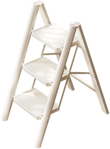Silla de escalera plegable ligera de 3 niveles y estante de almacenamiento, diseño compacto de doble propósito para uso doméstico, color blanco, ahorro de espacio, artículos esenciales para interiores