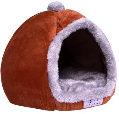 Cama Cueva Cerrado para Gato Perro pequeño Felpa cálida y Base Antideslizante Plegable fácil de Limpiar (Marrón, 33x33x35cm)