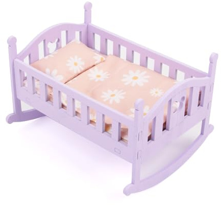 Culla per bambole in legno Set per lettino per bambole di ampiezza, design oscillante con biancheria da letto per bambini, giochi di finzione, viola