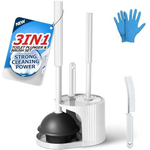 FORASTO 3 in 1 Toilet Brush and Plunger Set,Toilet Bowl Brush Plunger Set,Toilet Brush Plunger Combo,Cleaning Brush,Cleaning Supplies, Crevice Cleaning Brush, Bathroom Cleaning Tools, White