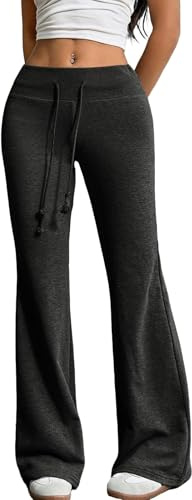 KAJXZ Women's Flared Pants Trendy High Waisted Wide Leg Pant Casual Solid Color Drawstring Yoga Pant Baggy Workout Trouser