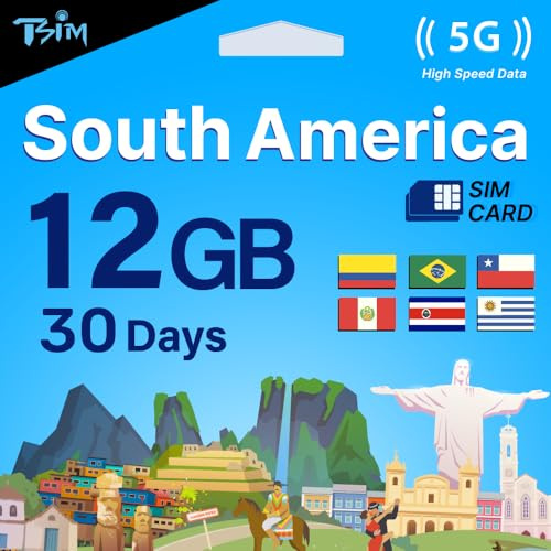 TSIM Tarjeta SIM de 30 días para América del Sur | 12 GB de Internet en 5G/4G/LTE (datos compartidos permitidos) | Utilizable en Brasil, Chile, Colombia, Perú, Uruguay y Costa Rica | Red 5G de alta