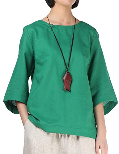 Minibee Women's Linen Blouse Round Neck 3/4 Sleeve Shirt Tops with Chinese Frog Button Green XL