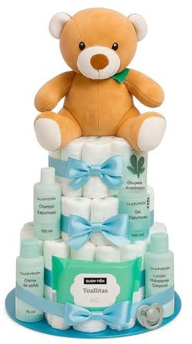Tarta de Pañales Personalizable Azul Regalo Bebé Recién Nacido Niño Niña Canastilla Bebe Recién Nacido. Chupete Gel Toallitas Loción Crema. Cesta Accesorios Bebe Recien Nacido Regalos Mamás Primerizas