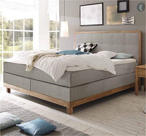 Hasena Boxspringbett Chalet Eiche Bianco|Stoff grau 140x200 Topper Agrea (Liegekomfort: medium)