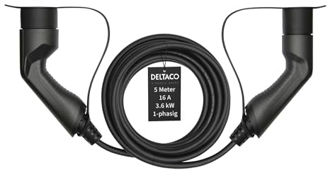 DELTACO Typ 2 elbils-laddningskabel för elbilar och hybridfordon, elbilladdare Mennekes-kabel, kompatibel med ID.3, ID.4, Zoe, E-Tron, modell S/3/X/Y, Leaf, 1-fas, 16 A | 3,6 kW, 5 meter