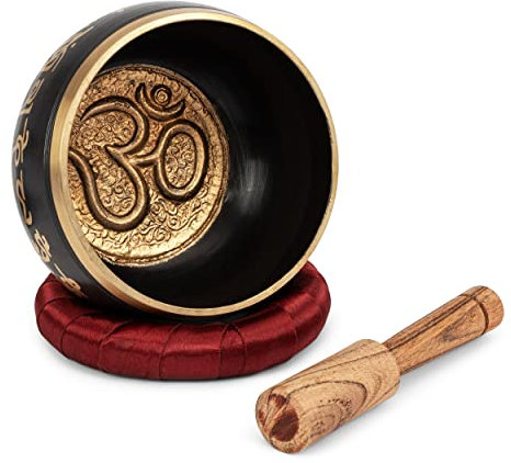 NKlaus Ø 11,5cm Tibetische Klangschale Ohm Set Lotus Schwarz Gold mit Klangstab aus echtem Holz und Klangschalenkissen 2575