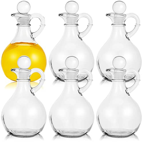 Suclain 6 Sets 12oz Glass Oil and Vinegar Cruets Set Round Oil Dispenser Olive Bottle with Airtight Stopper Salad Dressing Bottle Glass Condiment Container for Kitchen Homemade Syrup Olive Condiment