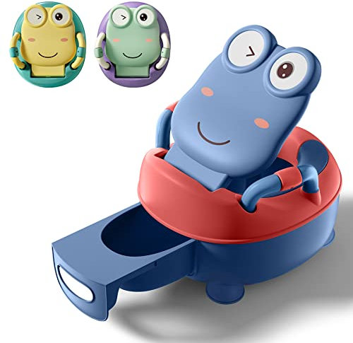Froadp Baby Töpfchen ab 0-6 Jahren, Kinder Töpfchen Trainer mit PU Toilettensitze & Ausziehbares Nachttopf, Tragbare Toilettentrainer mit Deckel Abnehmbar Froschform Kindertoilette (48.5cm Hohe, Blau)