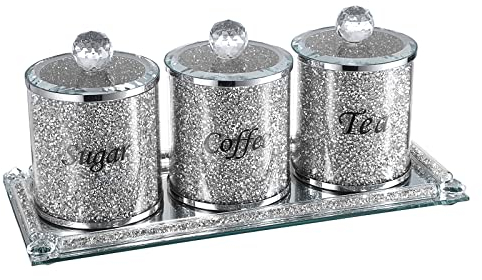 BTSKY Set of 4 for Sugar Coffee Tea Canisters With Lid and Tray - Glass Mirrored with Crushed Diamonds Container for Kitchen Table, Decorative Sparky Glass Decor Counter Constainers