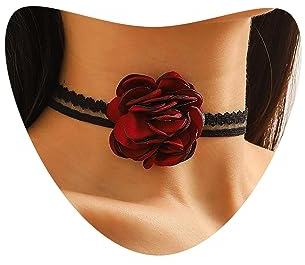 Atentuyi Boho Hochzeit Gothic Blume Schwarz Spitze Choker Halskette Silber Rot Rose Choker Vintage Floral Choker Kragen Kurz Clavicle Halskette Schmuck Für Frauen Teen