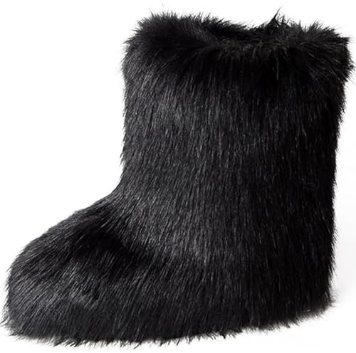 YXCFEWD Fur Boots for Women Winter Fluffy Furry Boots for Girls Flat Heel Snow Boots(Black, 11)