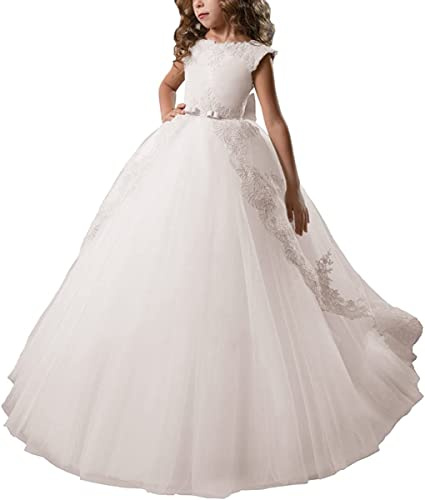 PLWEDDING Fancy blomma flicka klänning lång spets parad puffy tyll balklänning, Vit, 12-13 år