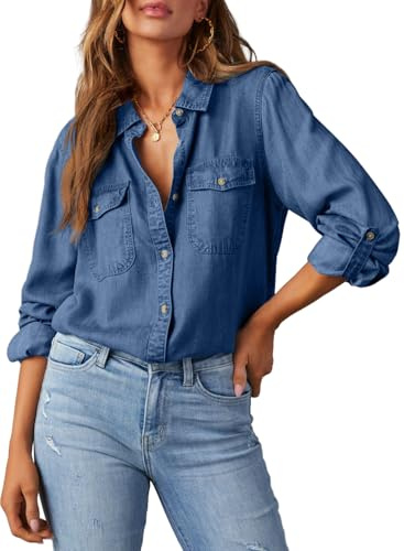 Astylish Womens Denim Button Up Shirts Chambray Blouse V Neck Lightweight Long Sleeve Soft Jean Shirts Sail Blue Medium