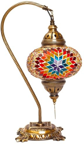 anatolian glow Handmade Turkish Mosaic Table Lamp – Multicolor Glass Swan Neck Bedside Light with Antique Bronze Base, Moroccan Style Decor for Bedroom & Living Room – LED Bulb Not Included – 15