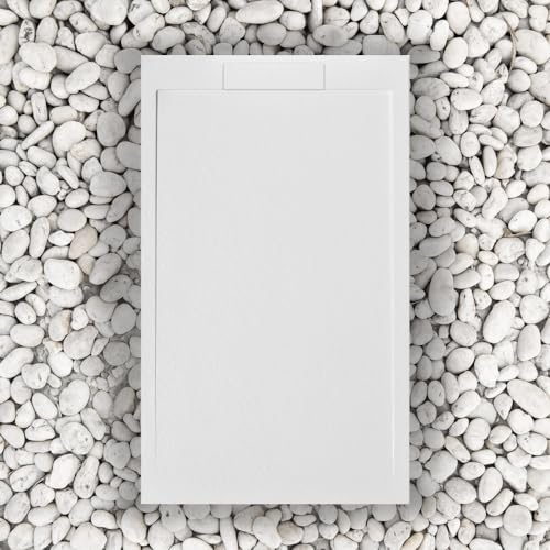 Plato de ducha de 140 x 80 cm, blanco, línea Slim, de resina y polvo de mármol, con rejilla de mármol lateral