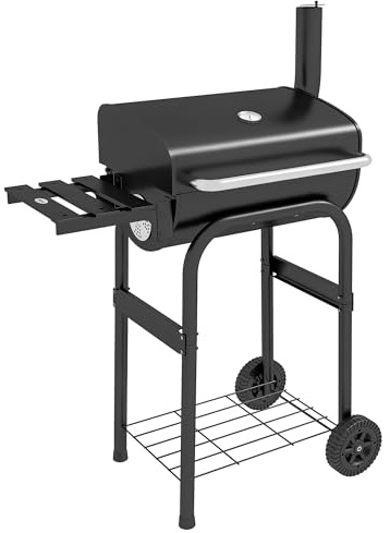Outsunny Barbecue a Carbone con Coperchio, Termometro e Camino, BBQ con Ripiani e Ruote Integrate, Nero