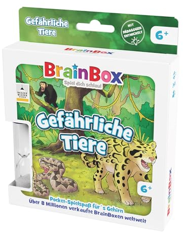 BRAINBOX 2054902 Pocket Edition Gefährliche Tiere, kompaktes Lernspiel, Gedächtnisspiel, Quizspiel, Reisespiel für Kinder ab 6 Jahren