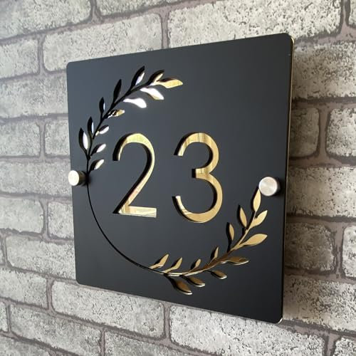 Placa de Número de Casa Personalizada en Acrílico 3D Bicolor (Negro y Dorado) con Números Flotantes y Guirnalda, para Interior y Exterior, Ideal para Hogares, Hoteles, Apartamentos y Tiendas