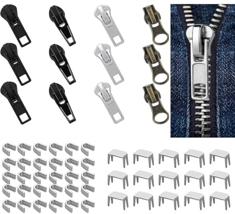 57 Pcs Zipper Repair Kit 12 Pcs Universal,#5 Zipper Replacement Slider Kit Metal Plastic Nylon in 3 Colors Top Bottom Stops for Coats Jacket,Luggage,Backpacks.