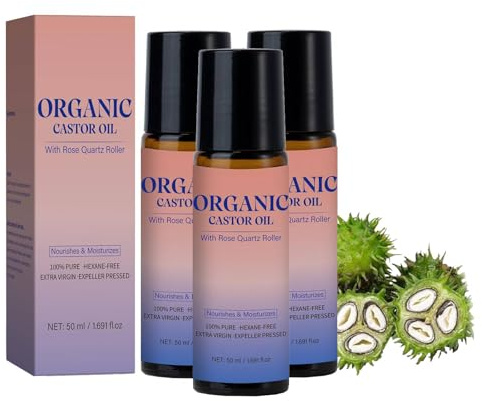 Organic Castor Oil with Rose Quartz Roller, Natural Organic Castor Oil Roll On, Soothing Rollerball, Gently Nourishes Skin for Belly, Face, Body (3)