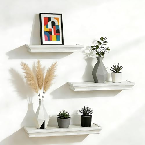 JUJOYBD Vägghylla smal uppsättning av 3, svävande hyllor MDF-trä, 30/36/42 cm, vit | 10 cm djup, dekorativ tavla, perfekt för vardagsrum, kök och badrum, moderna hängande hyllor
