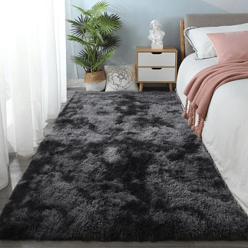 Fluffig Sovrumsmatta 190 x 200 cm Fluffig Sovrum Sängmatta Och Halkfri för Vardagsrum, Sovrum, Barnkammare, Sovsal, Mörkgrå