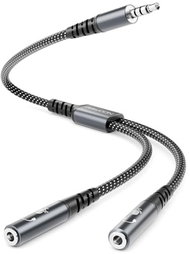 deleyCON Adattatore Audio AUX a Y - Cavo Stereo - Jack 3,5 mm - 1 Connettore Maschio a 2 Prese Femmina - Supporta 2 Cuffie Oppure 1 Headset con Cuffie + Microfono - per Smartphone, PC e Laptop