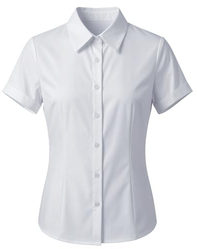 UDILEO Camicia Donna Maniche Corte Elegante Elasticizzata Camicetta Ufficio Formale Business Casual Blusa Aderente Estiva (IT, Testo, S, Regular, Regular, Bianco)