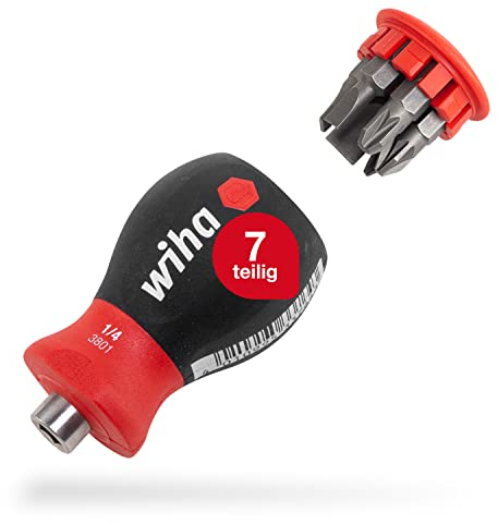 Wiha Magazin-Bithalter Stubby 3801-04 / Mini Schraubendreher mit 6 Bits im Griff / Schraubenzieher magnetisch mit Schlitz und Pozidriv Bits / 1/4